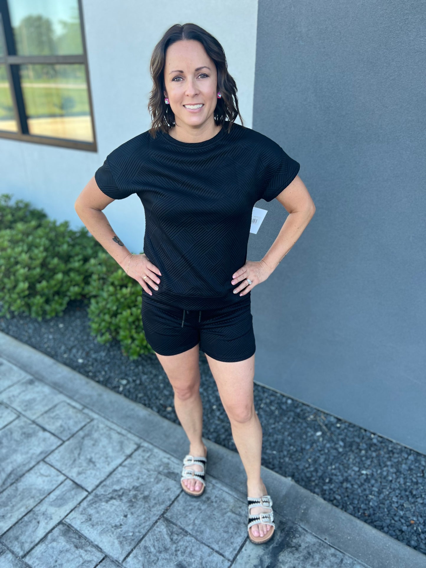 Black Textured Shorts Set