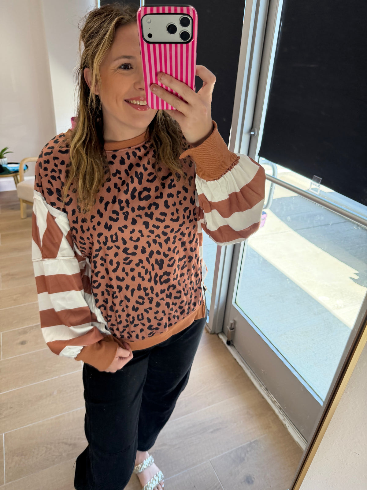 Brown Leopard Mixed Print Crewneck Top