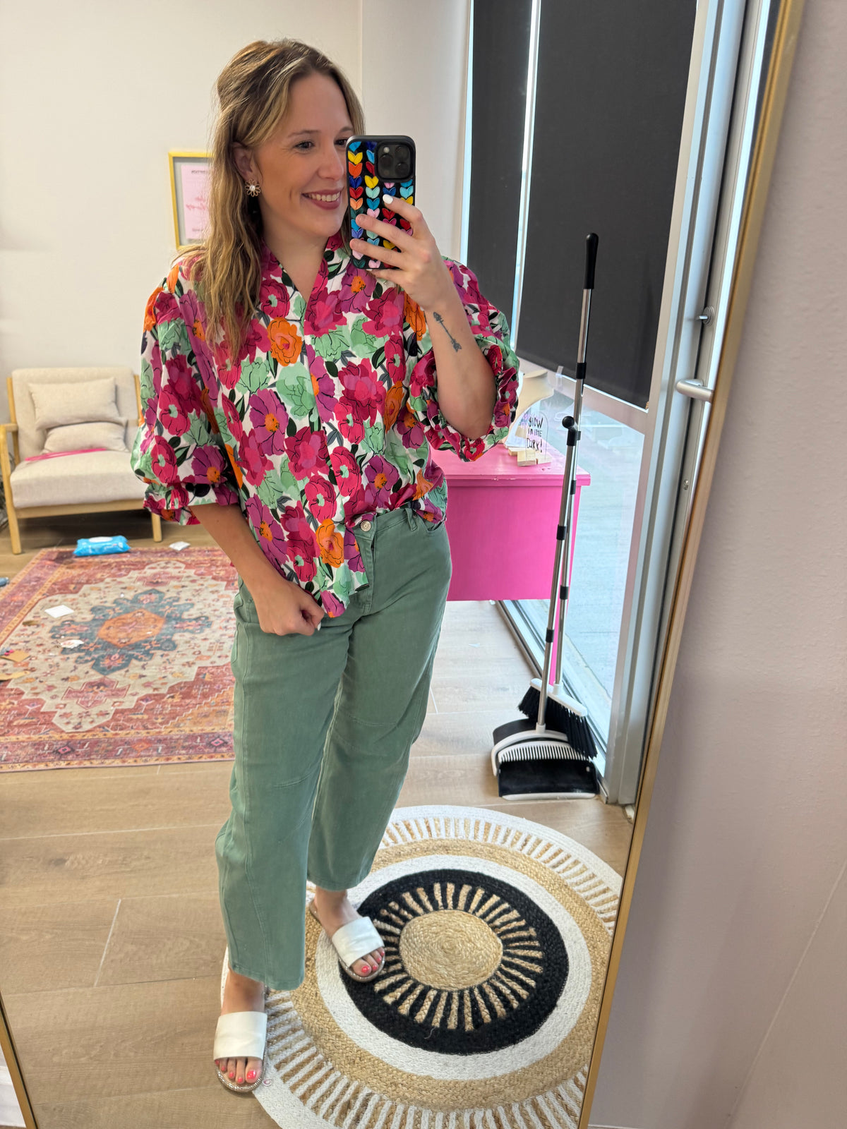 Pink Floral Puff Sleeve Button Up Blouse