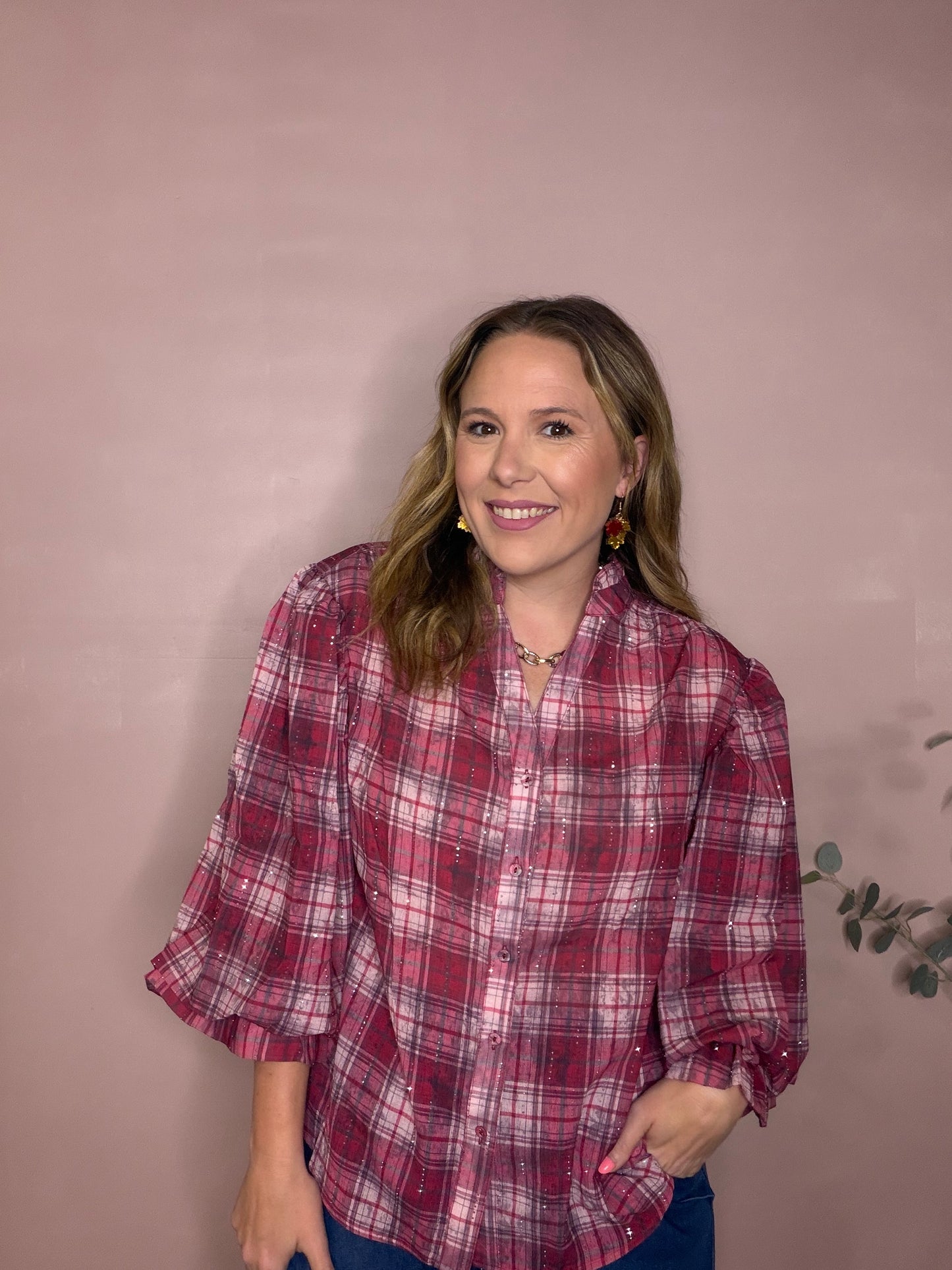Red Plaid Puff Sleeve Blouse