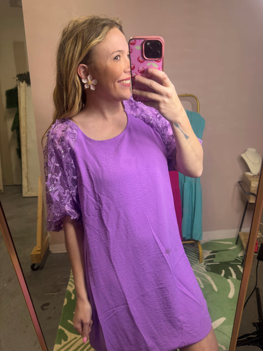 Purple Lace-Sleeve Swing Dress