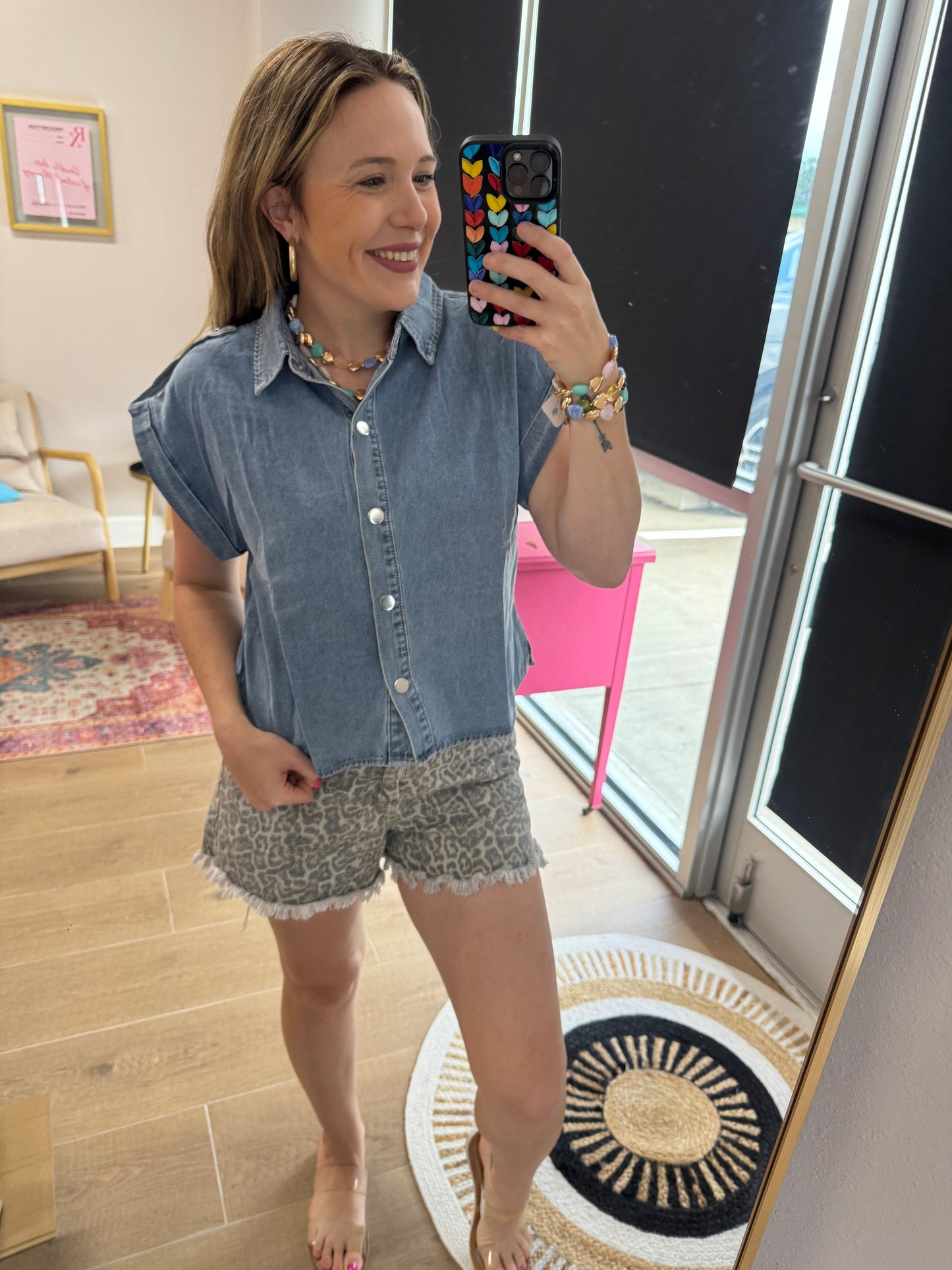 Sleeveless Denim Button Up Top