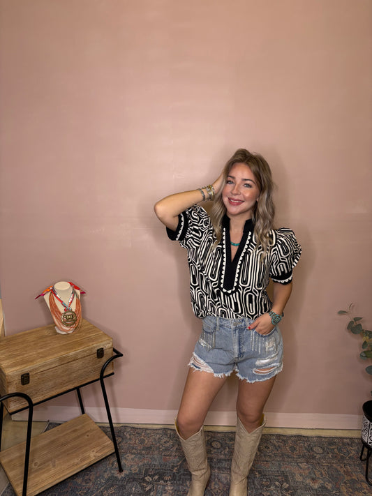 Black & White Geo Puff Sleeve Top