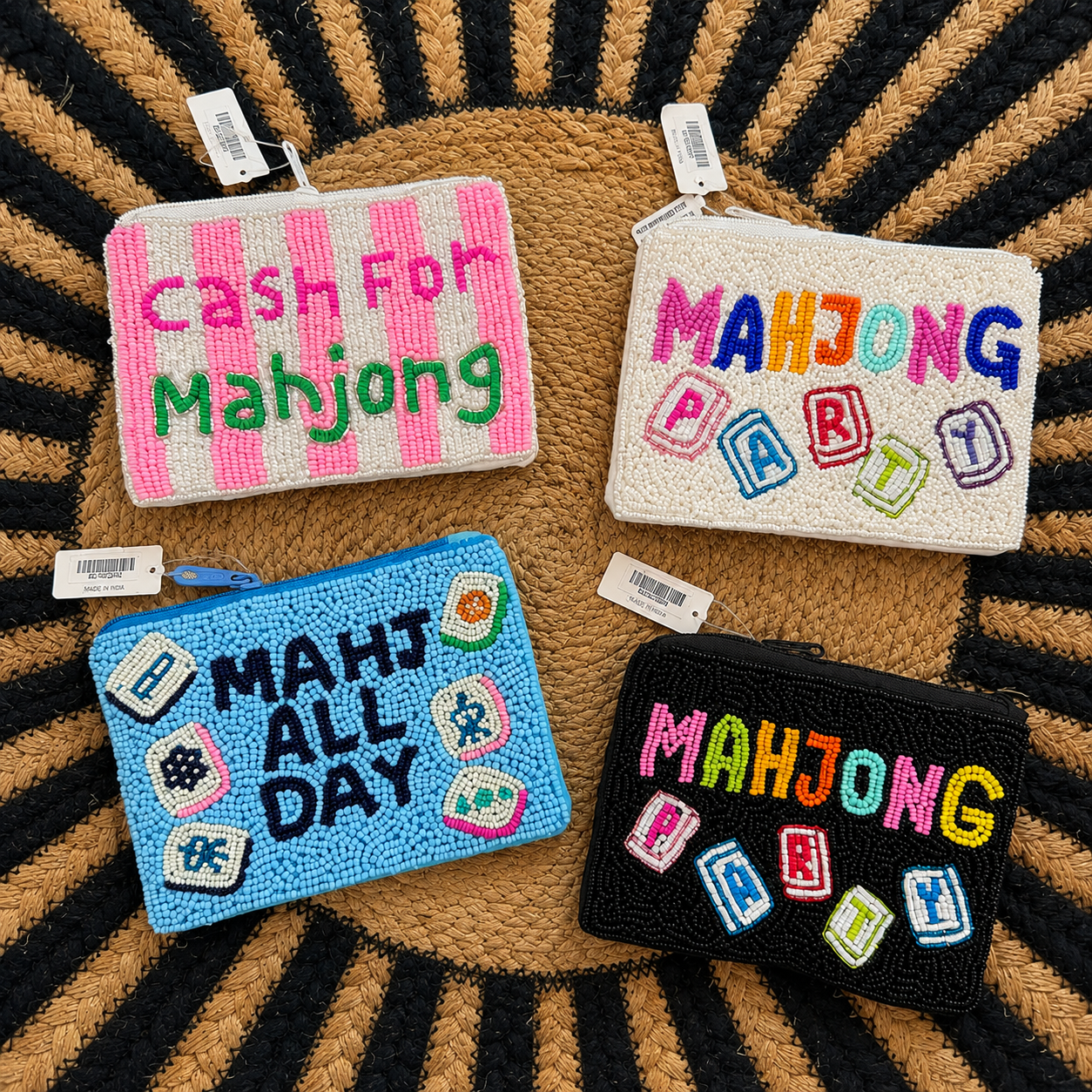 Mahjong Beaded Coin Purse Zipper Pouch