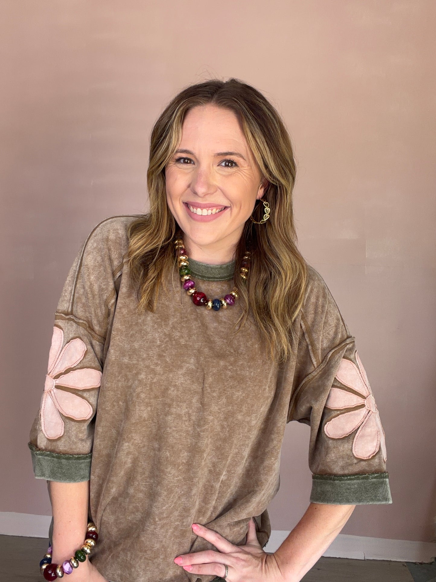 Acid Wash Floral Patch Sleeve Top