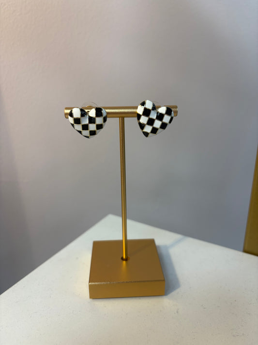 Black and White Checkered Heart Earrings