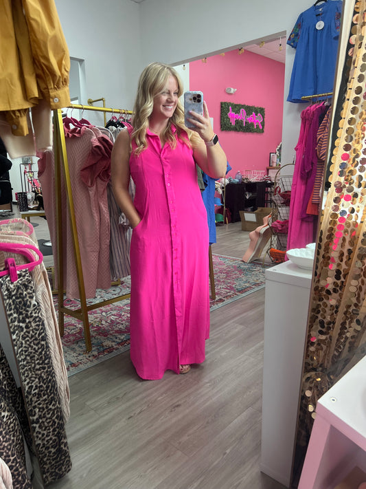 Bubblegum Pink Sleeveless Collared Maxi Dress with Button Front & Pockets