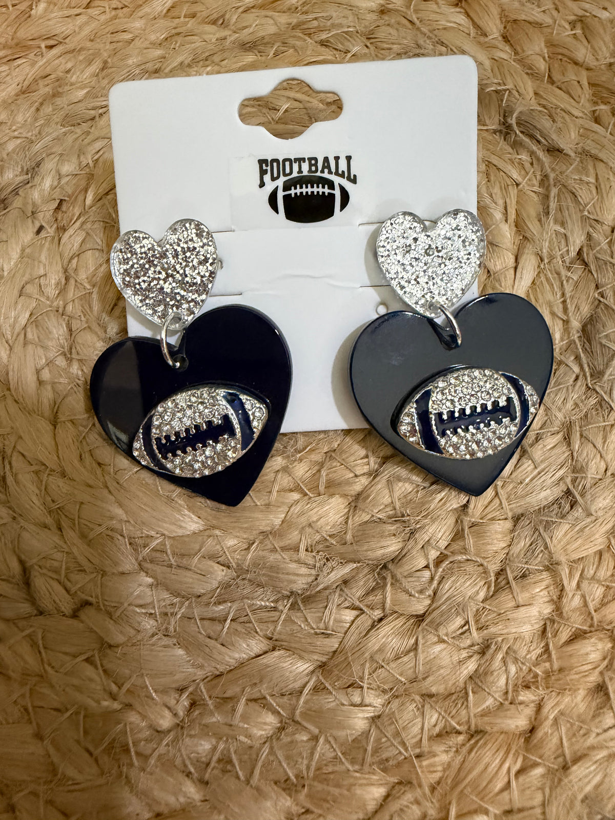 Navy & Silver Football Heart Statement Earrings