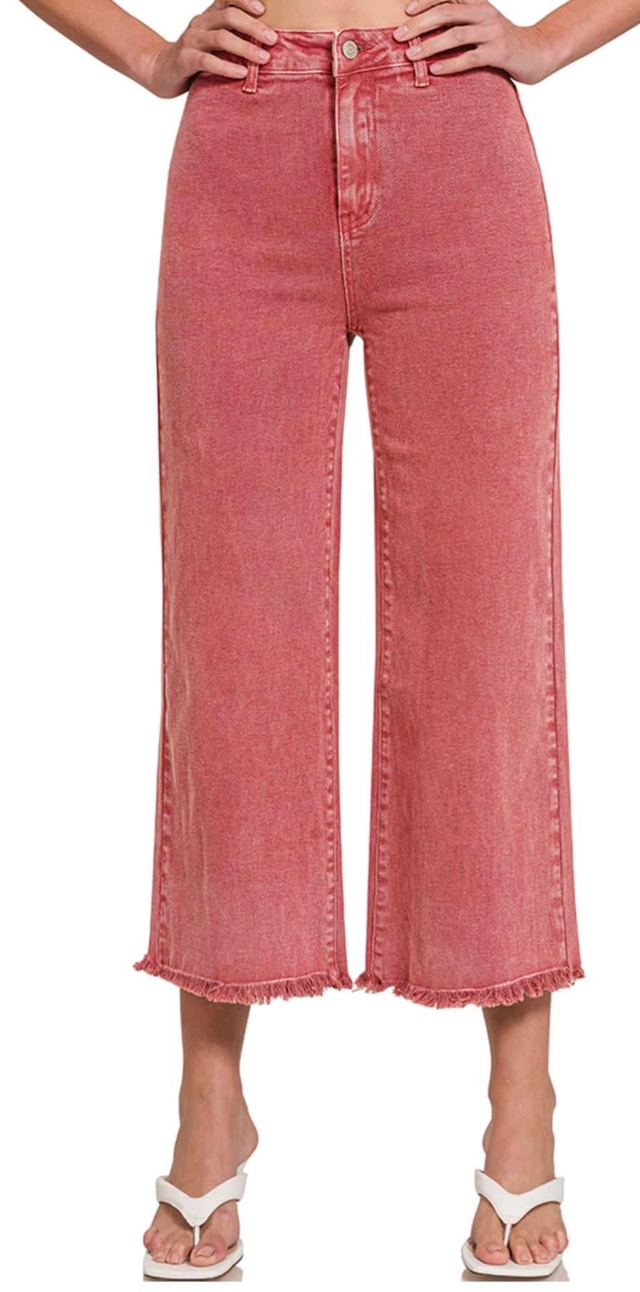 Frayed Hem Cropped Jeans - Cabernet