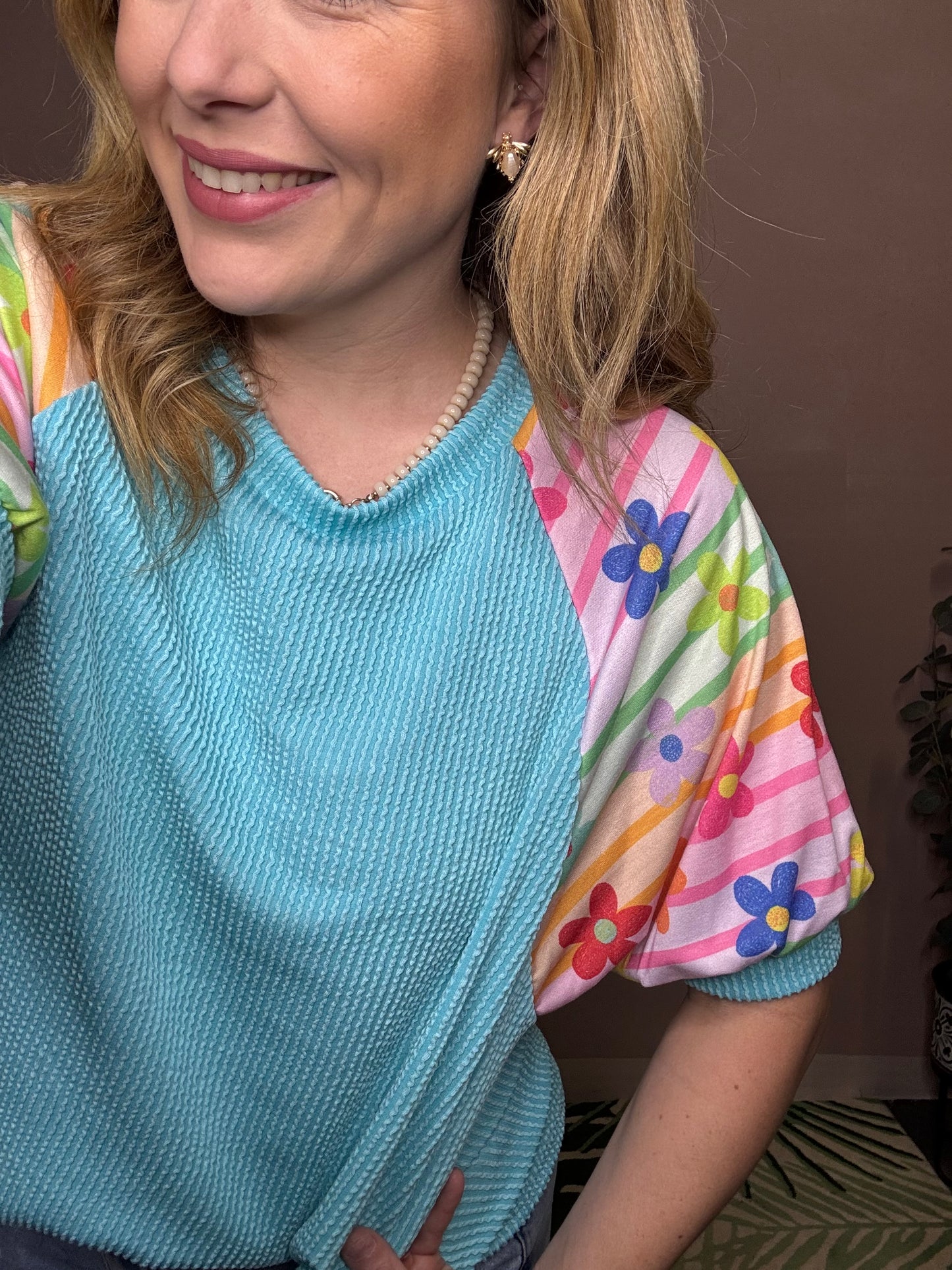 Ribbed Top with Floral Sleeves
