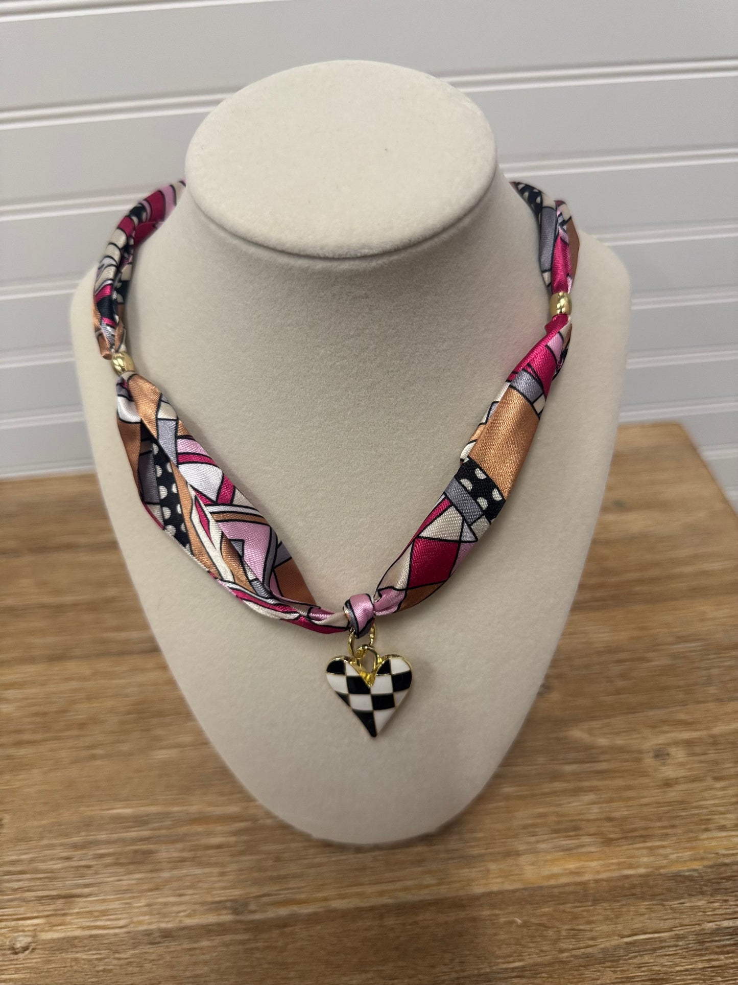 Pink Geo Satin Scarf Necklace – Checkered Heart Pendant