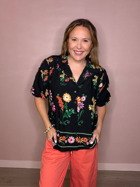 Black Floral Button Front Blouse