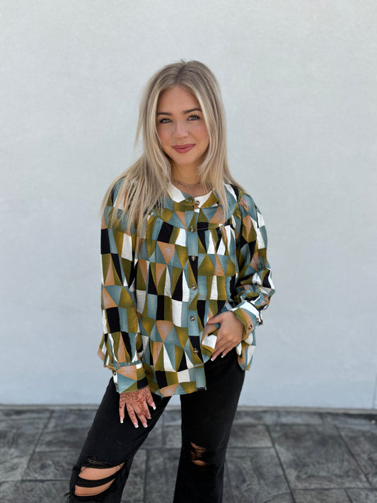 Geometric Balloon Sleeve Blouse