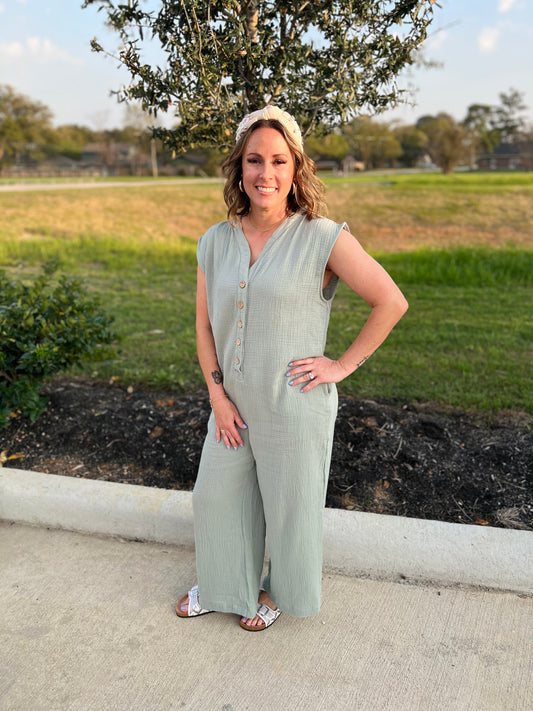 Cotton Gauze Button Down Jumpsuit