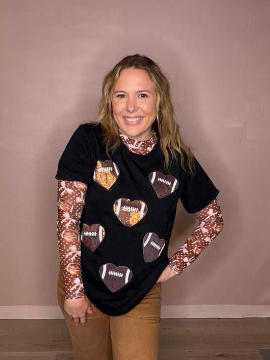 Women's Sequin Football Heart Graphic Tee
