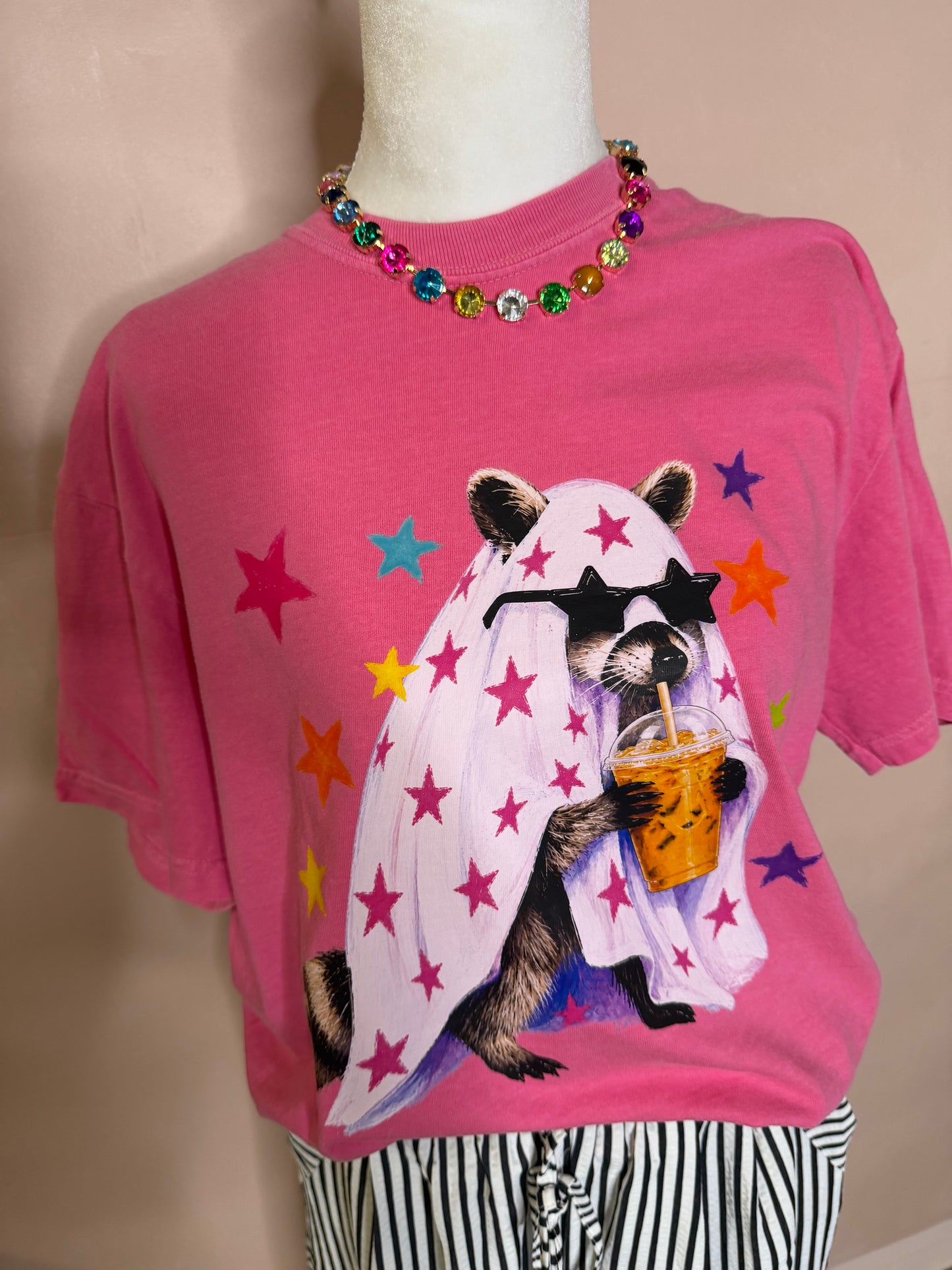 Pink Raccoon Ghost Halloween Graphic Tee