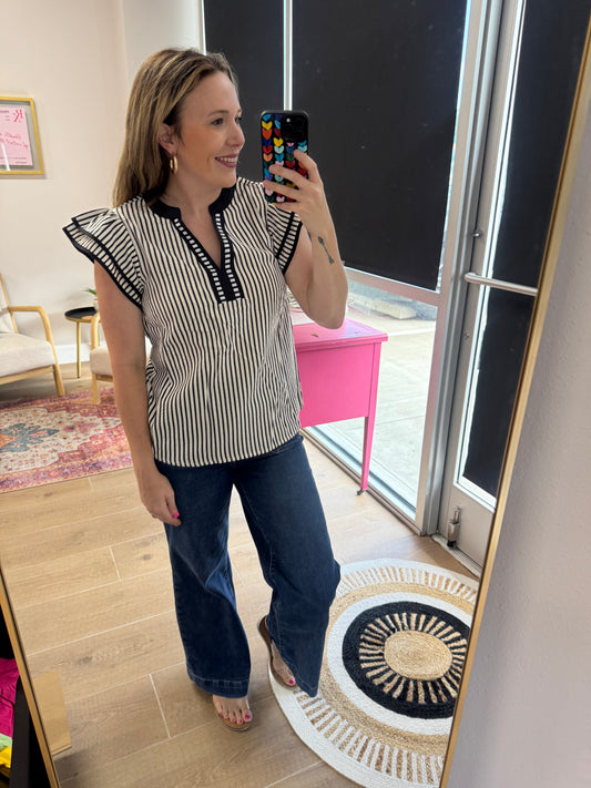 Black & White Striped Ruffle Sleeve Blouse