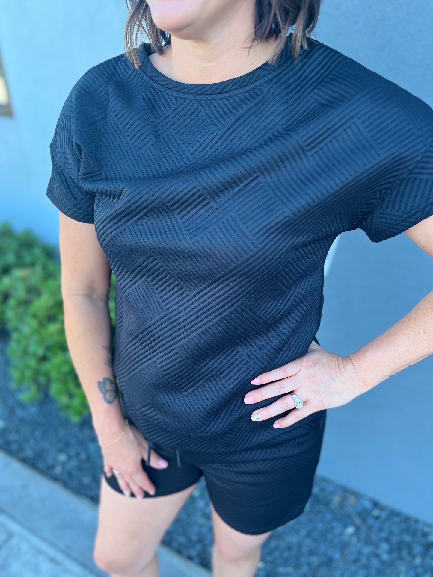 Black Textured Shorts Set