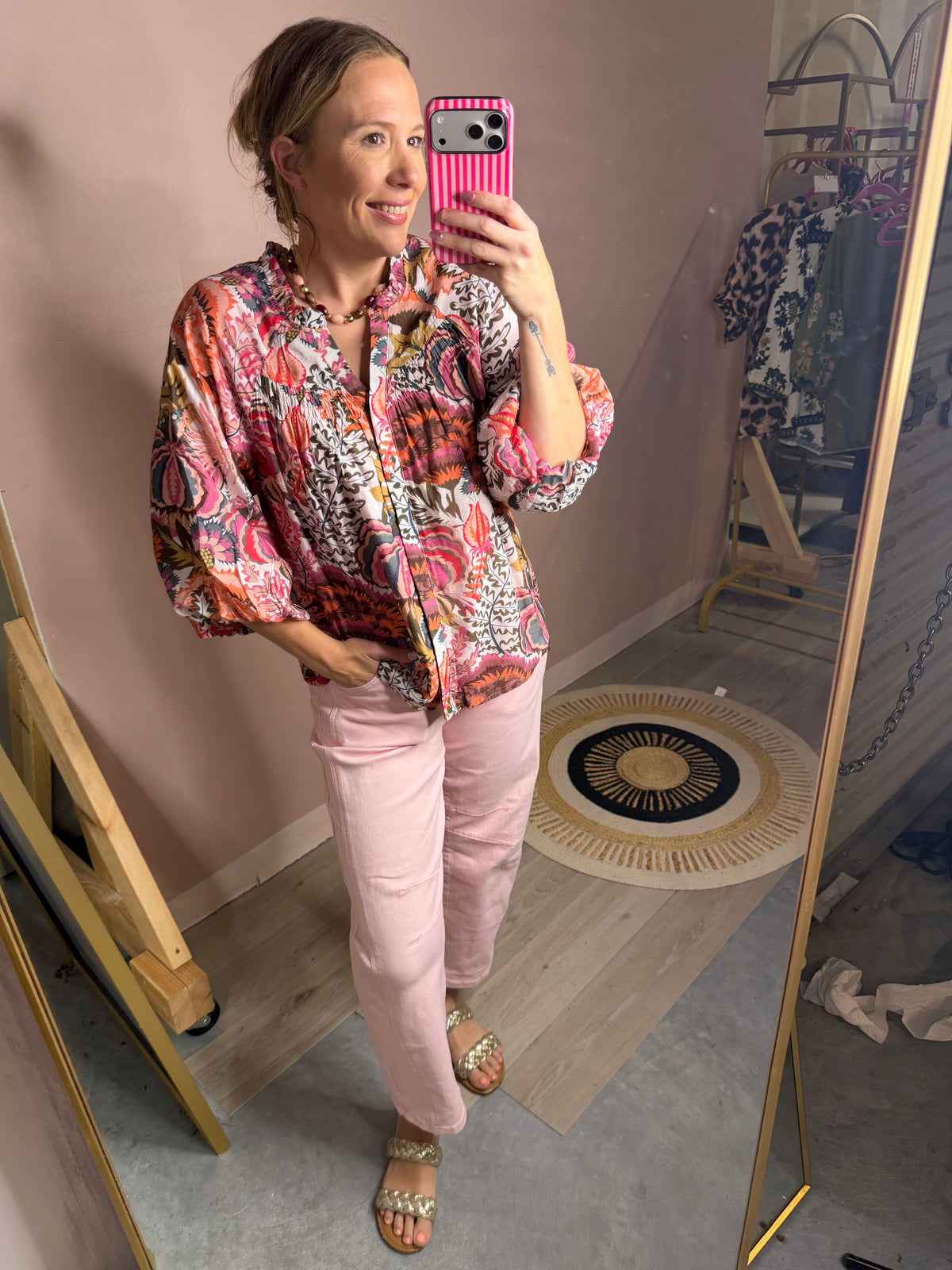Pink Stretch Rope Tie Cropped Jeans
