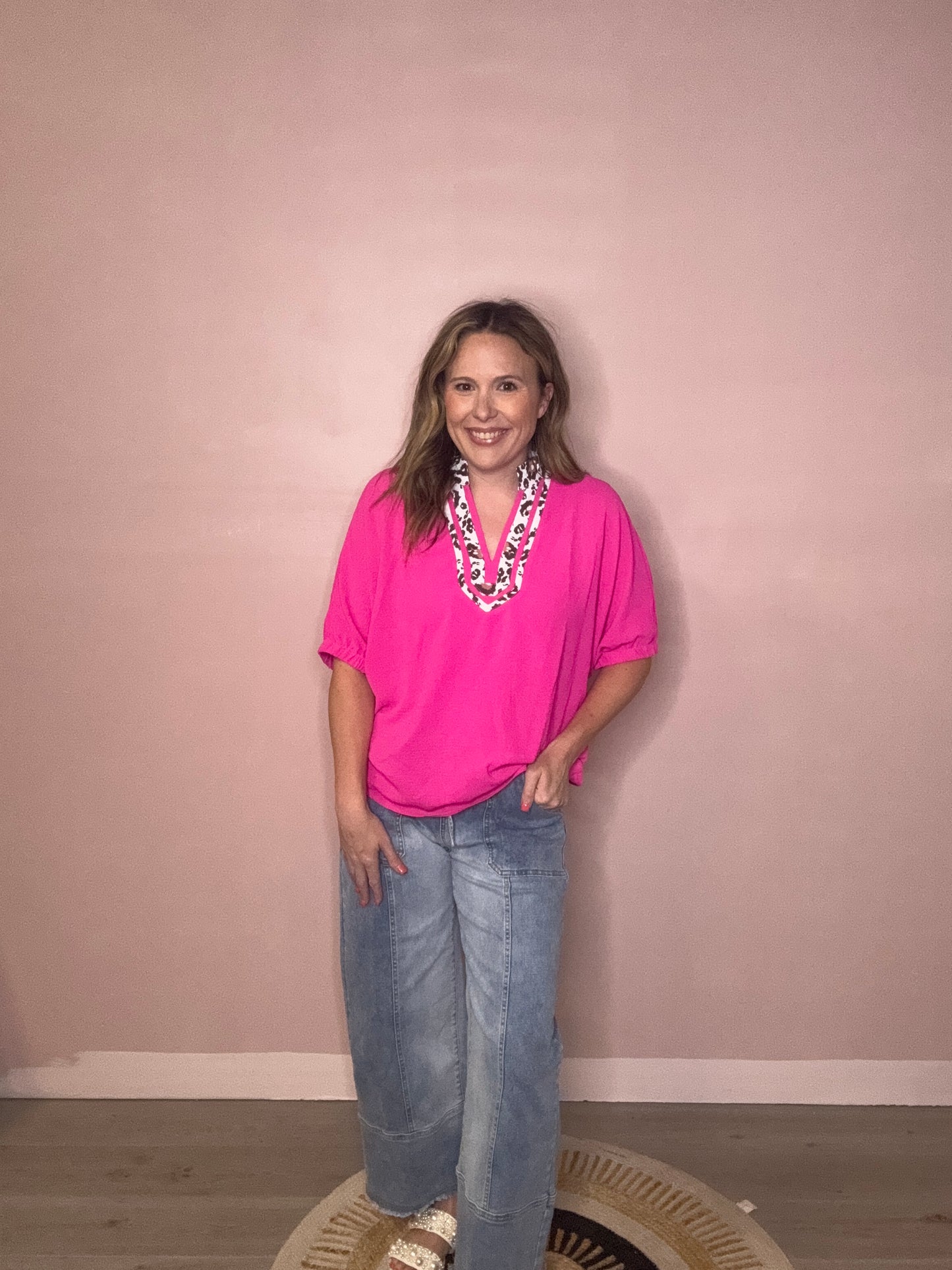 Pink Airflow Leopard Trim Blouse