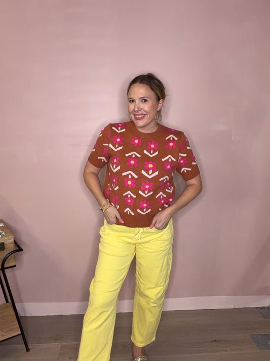Brown & Pink Floral Short Sleeve Sweater