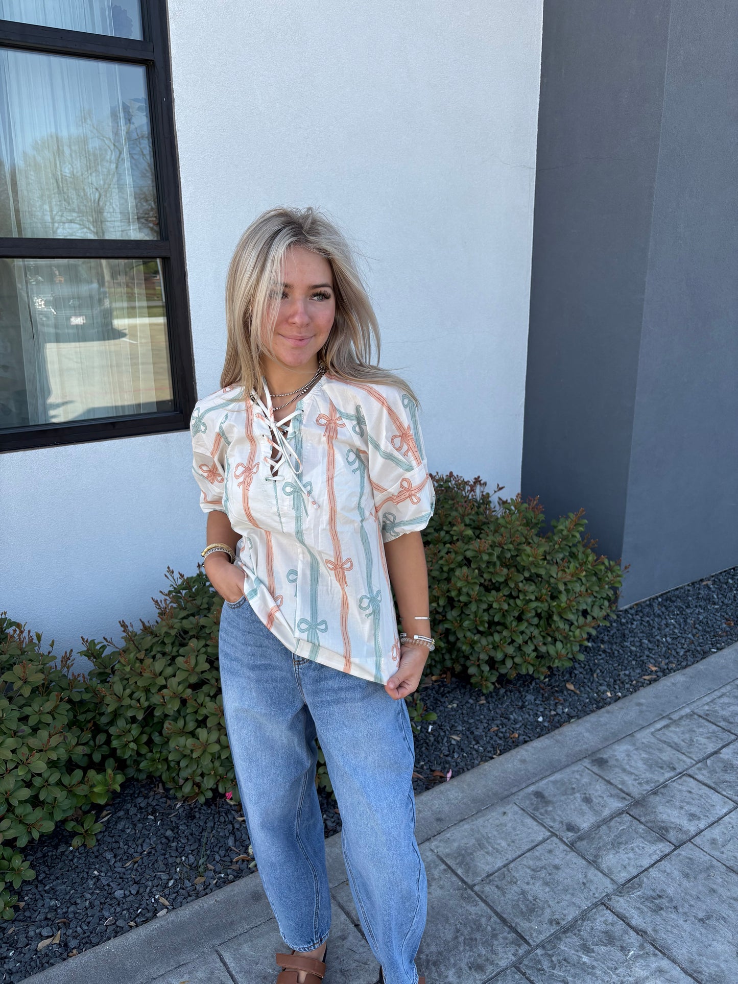 Mint & Peach Bow Blouse