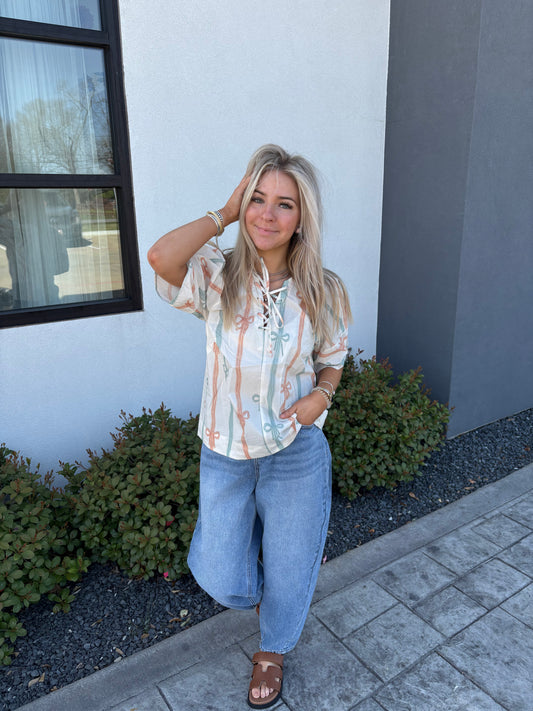 Mint & Peach Bow Blouse