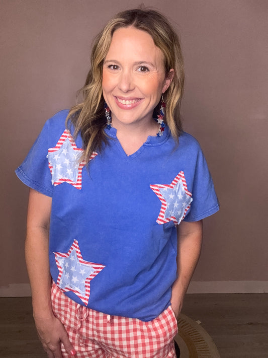 Stars Acid Wash V-Neck Top
