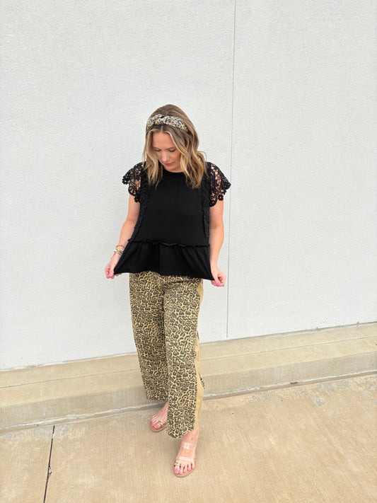 Luxe Lace Babe Top – Black Crochet Sleeve