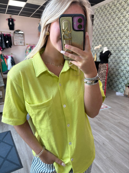 Lime Stretch Button-Up Blouse