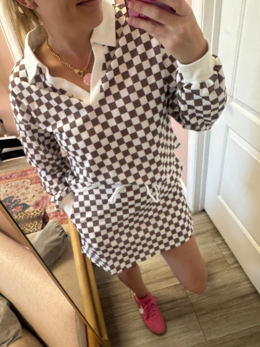 Checkered Chic Lounge Set – Mocha & Cream