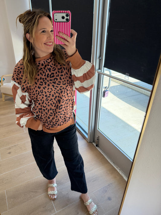 Brown Leopard Mixed Print Crewneck Top