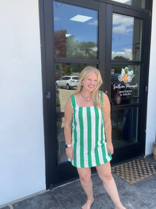 Garden Club Green & White Striped Mini Dress