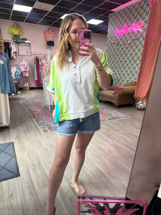 Neon Colorblock Oversized Half Button Down Collared Knit Top
