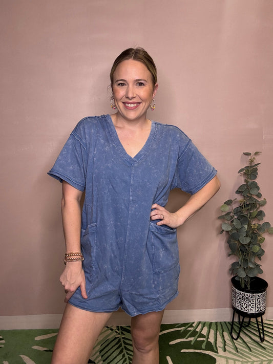 Washed Blue Casual Romper with Pockets
