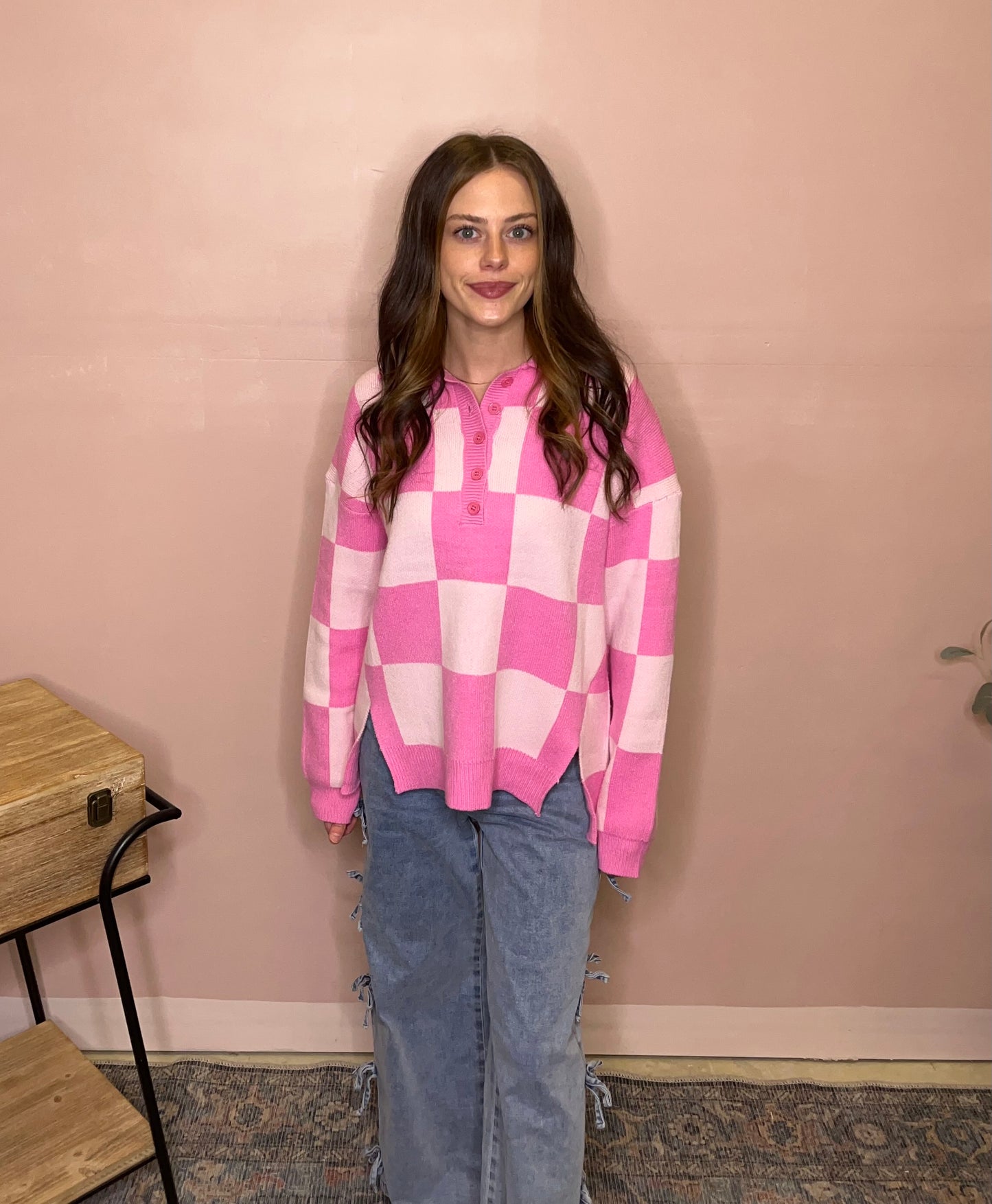 Pink Checkered Collar Sweater