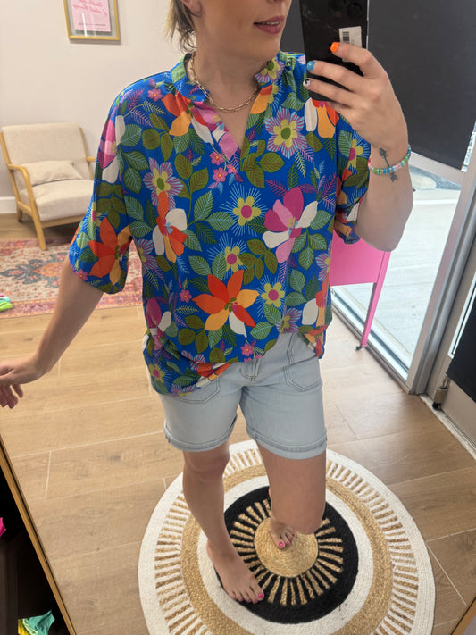 Wrinkle-Free Blue Tropical Floral Blouse