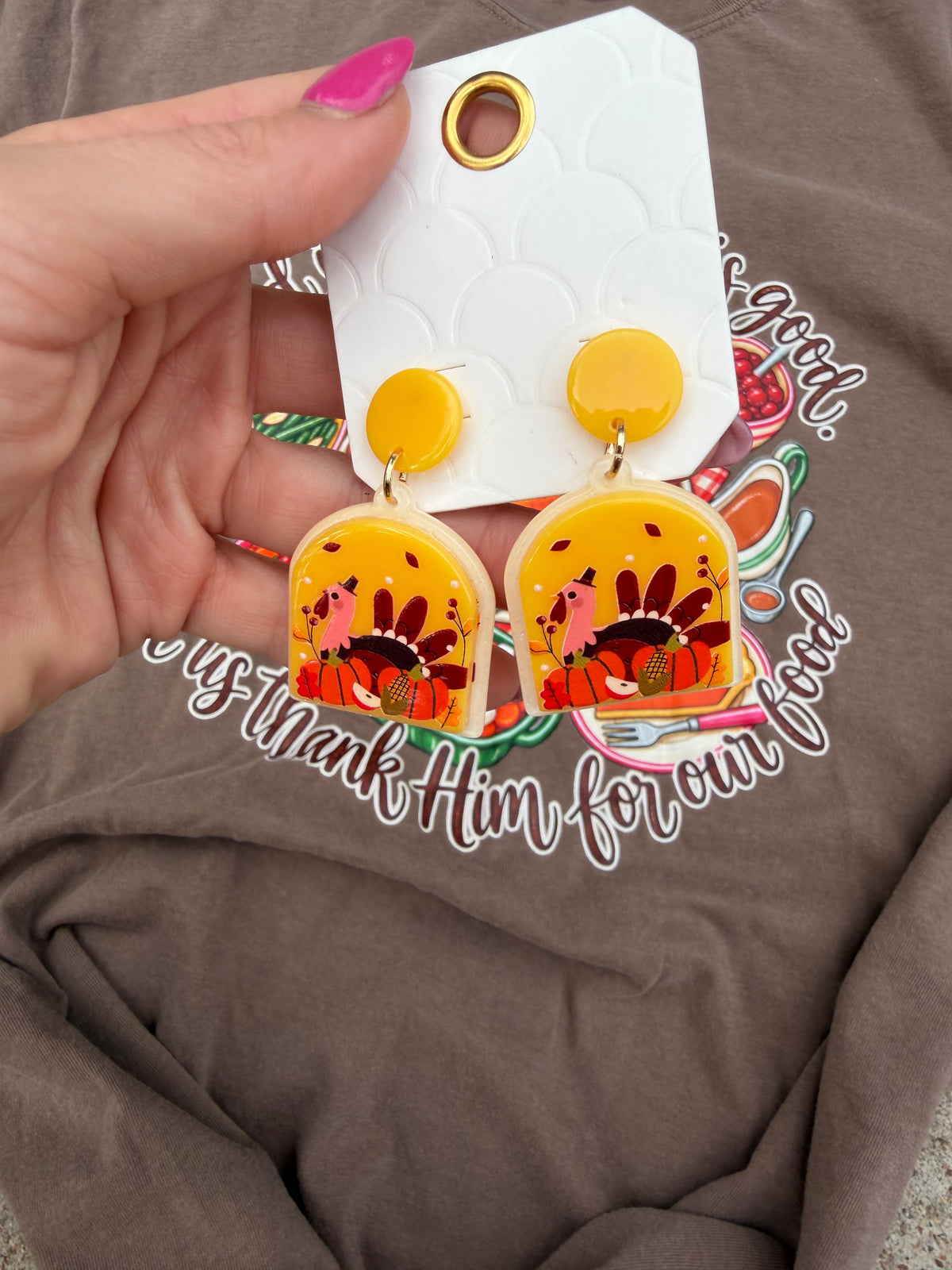 Thanksgiving Turkey and Gold Bow Dangle Earrings