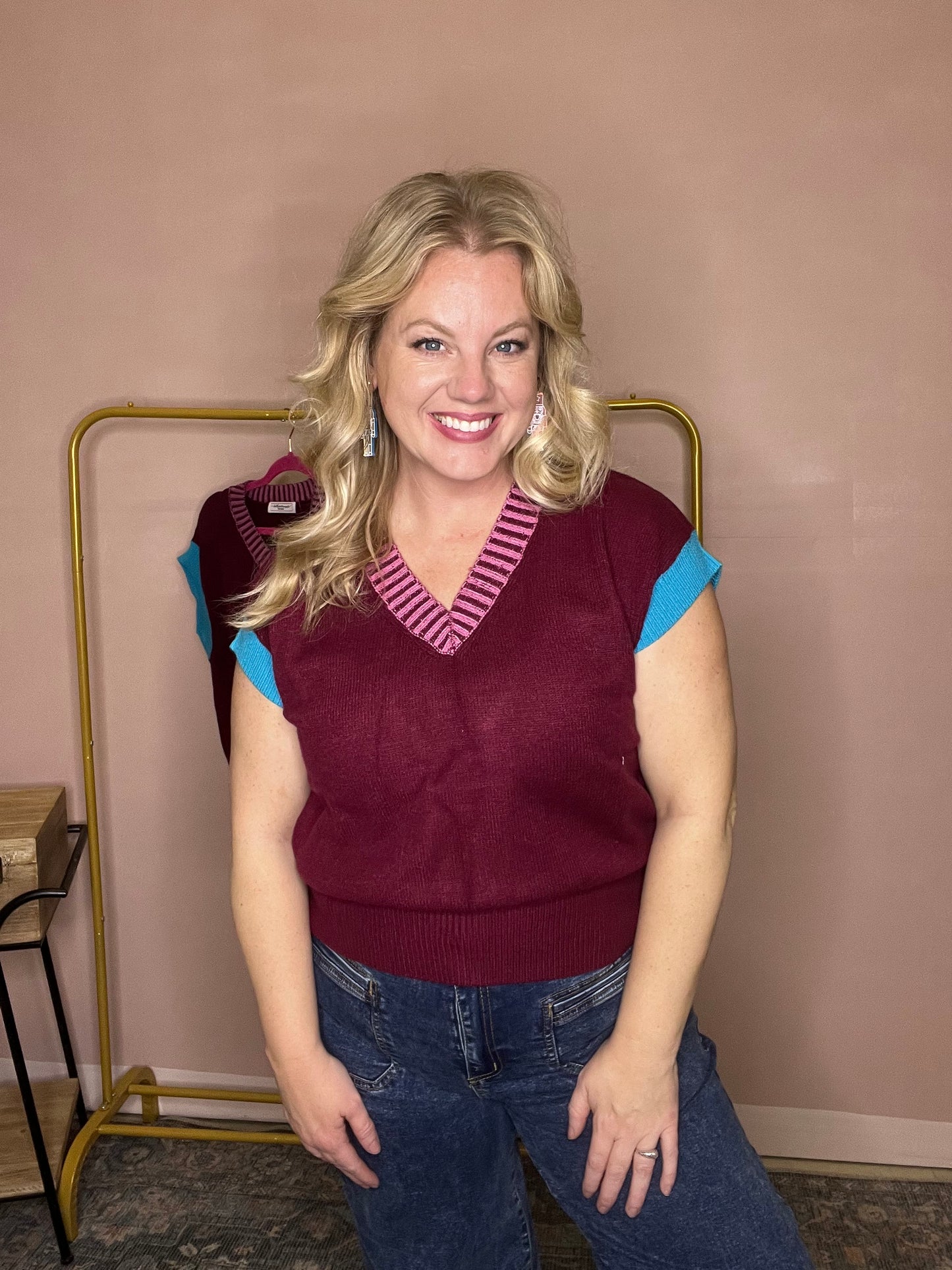 Burgundy Colorblock Sweater Vest Top