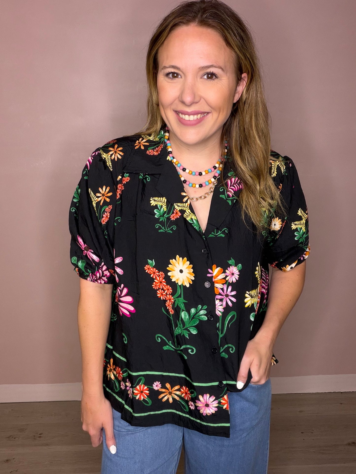 Black Floral Button Front Blouse