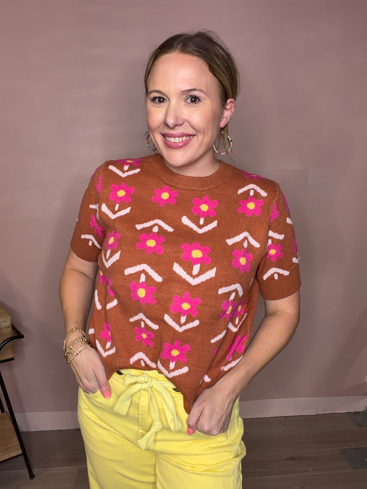 Brown & Pink Floral Short Sleeve Sweater