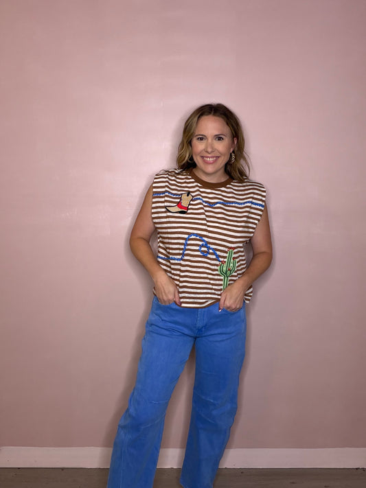 Western Embroidered Striped Sleeveless Top