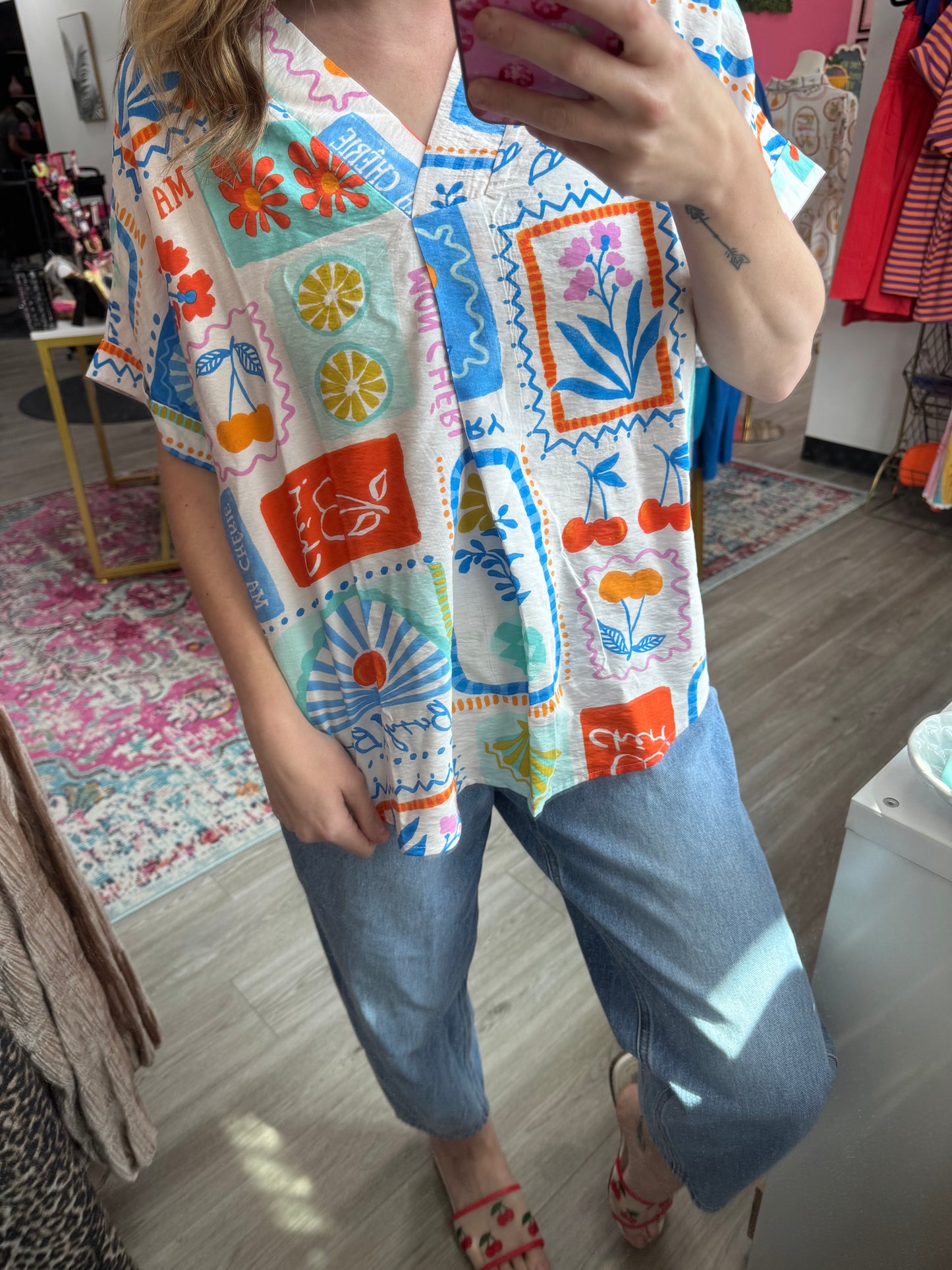 Orange & Blue Resort Print Blouse
