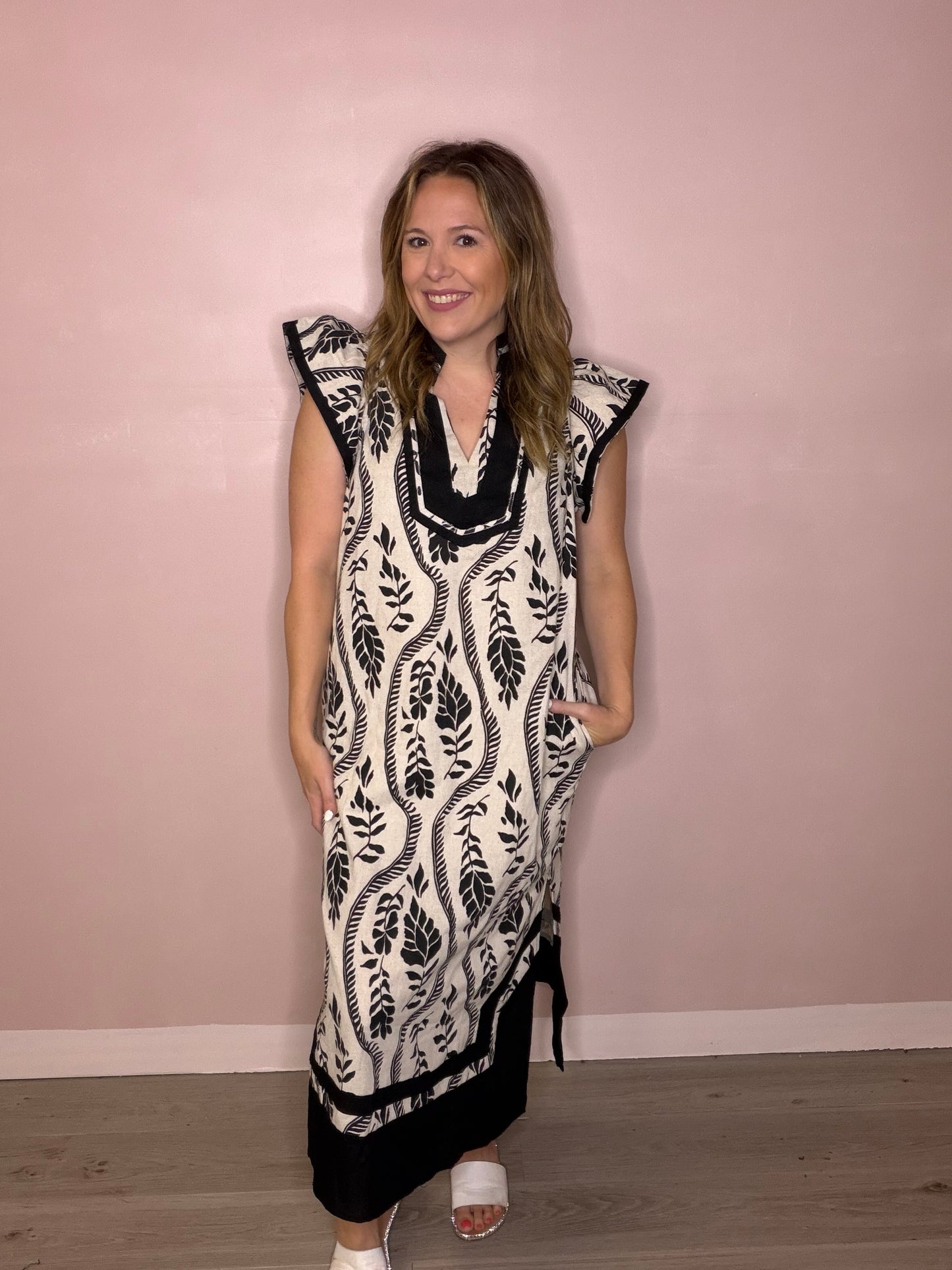 Black and White Linen Blend Midi Dress with Pockets