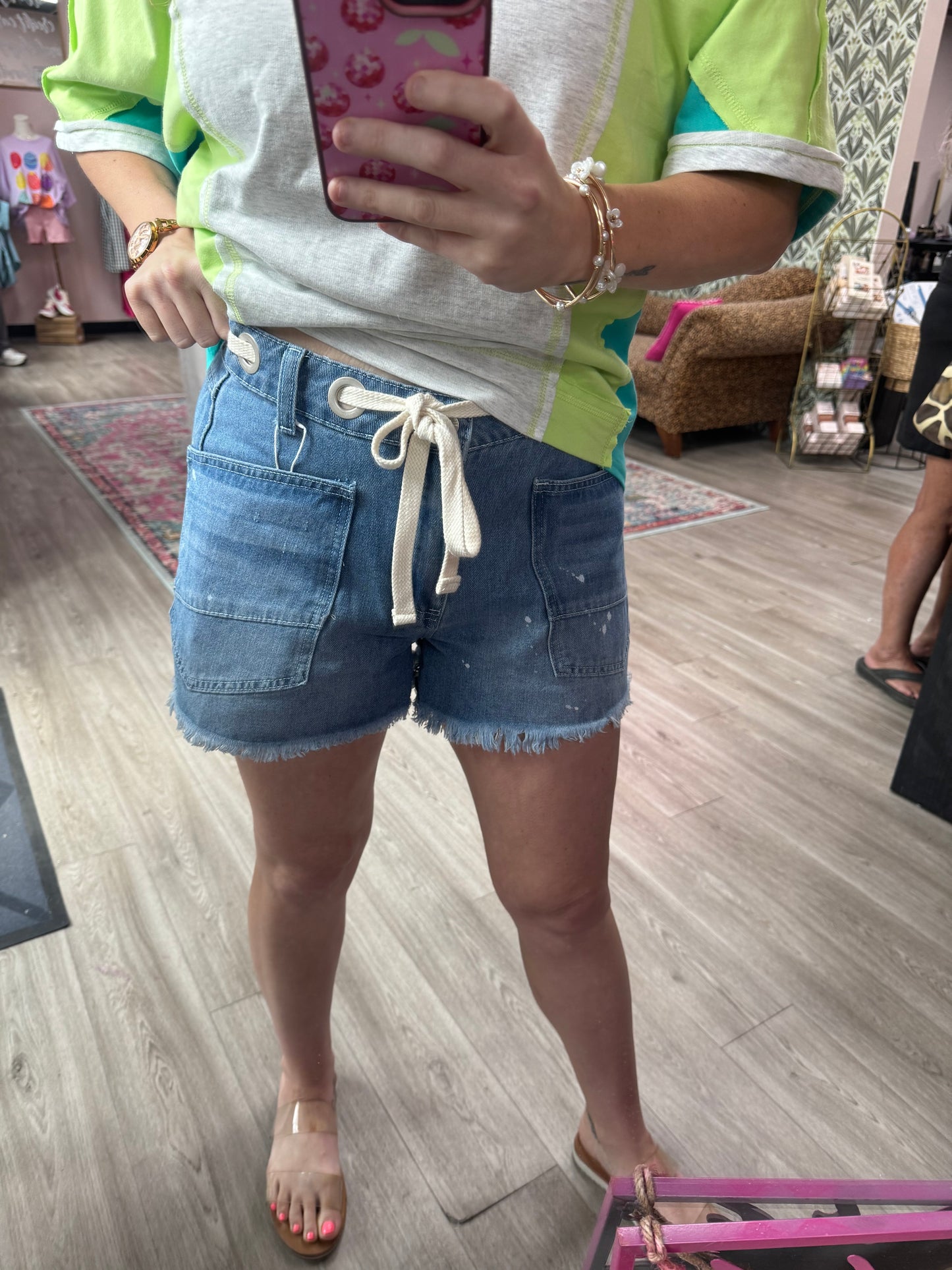 Denim Rope Tie Frayed Hem Shorts