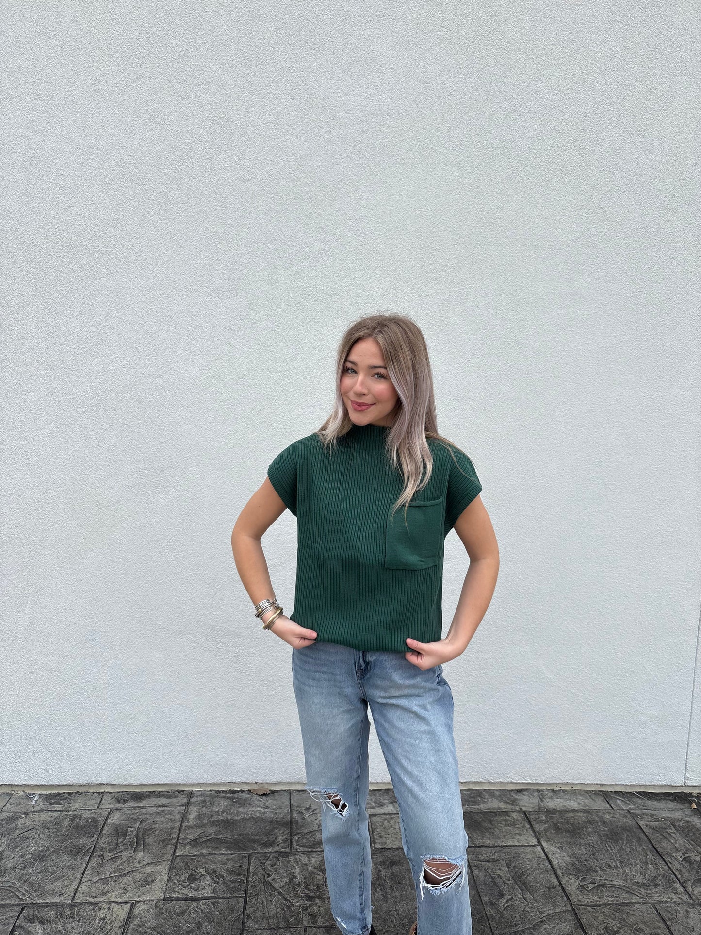 Evergreen Rib Pocket Mock Neck Top