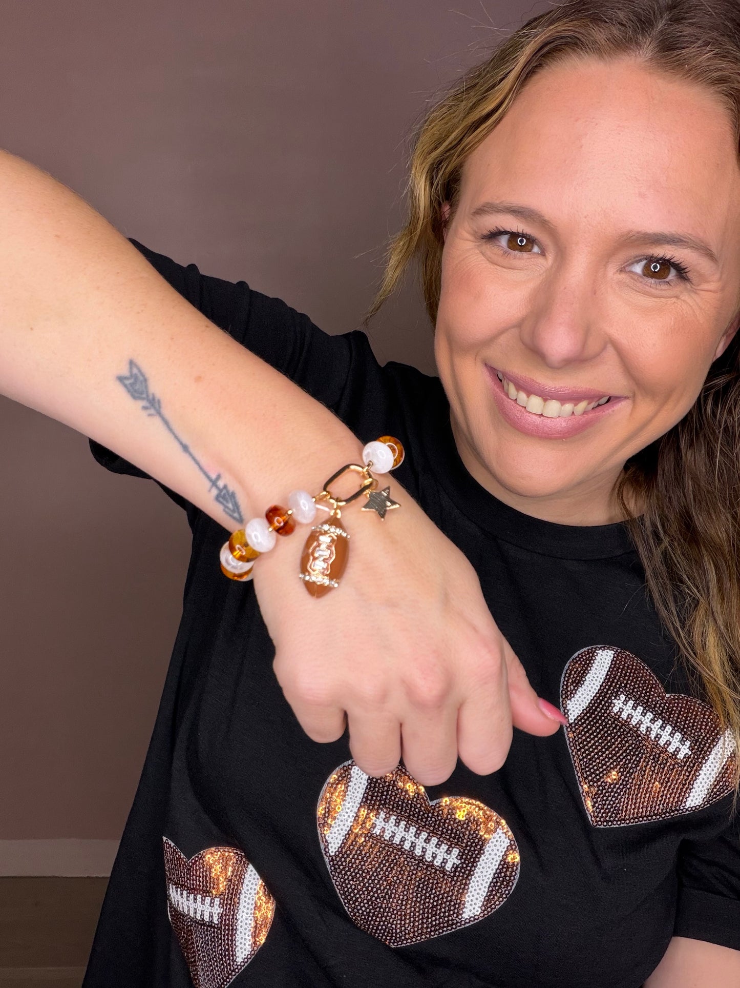 Women's Sequin Football Heart Graphic Tee