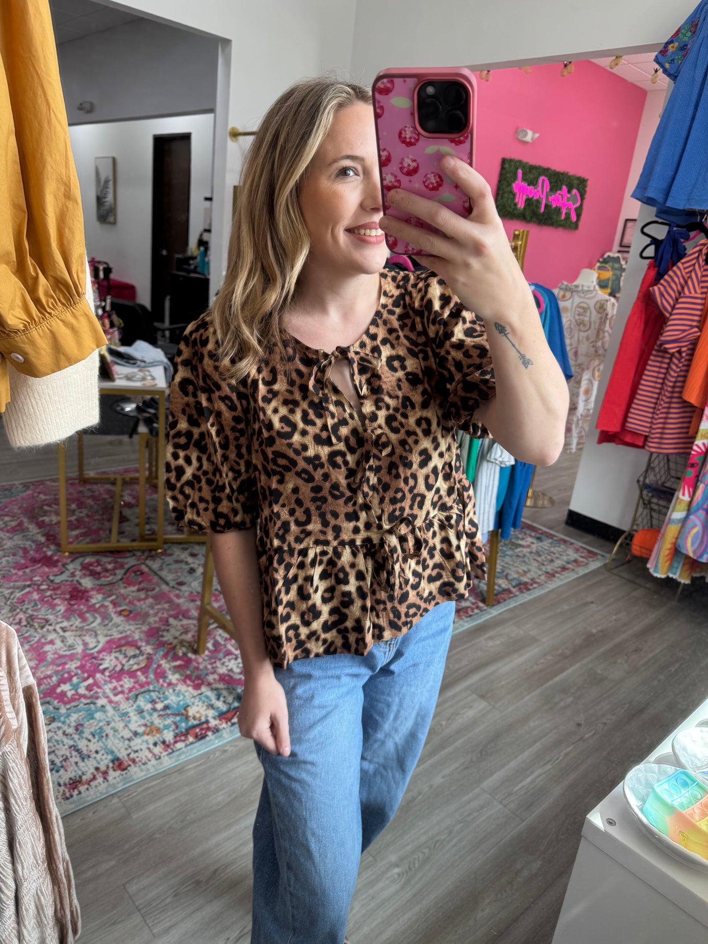 Leopard Front Tie Blouse