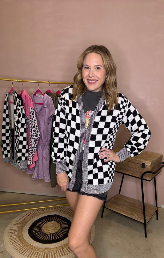 Checkered Knit Cardigan – Black & White