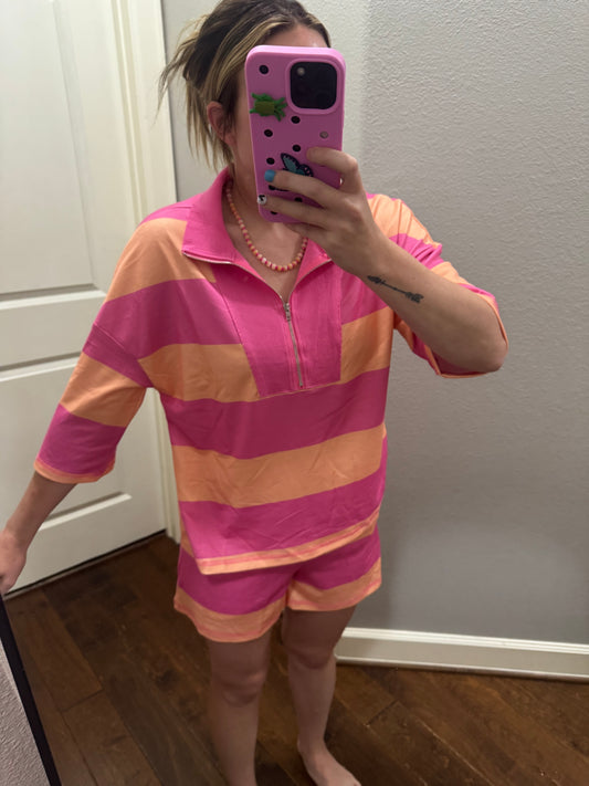 Pink & Peach Striped Half Zip Short Set